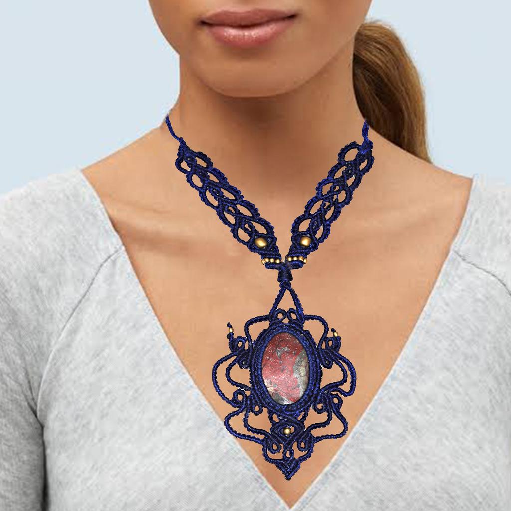 Macrame Red Necklace Jasper Crystal Pendant Handmade Natural Thread Bohemian