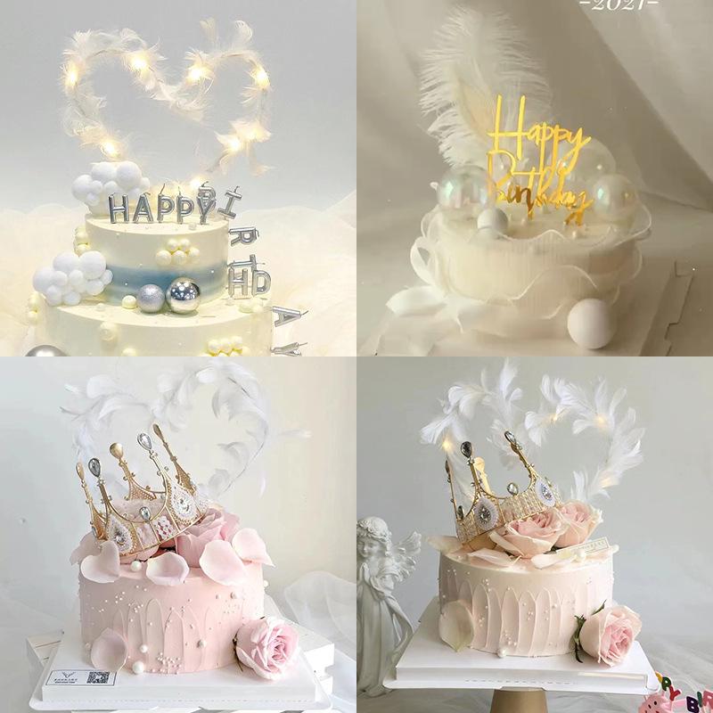 Angel Wing Feather Cake Toppers with Wire Heart String Lights