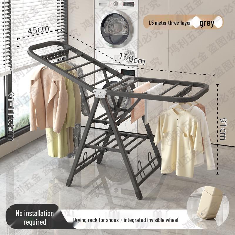 Folding Floor-Standing Clothes Drying Rack for Household, Bedroom, Balcony, Indoor Use - Ideal for Baby Clothes and Quilts.