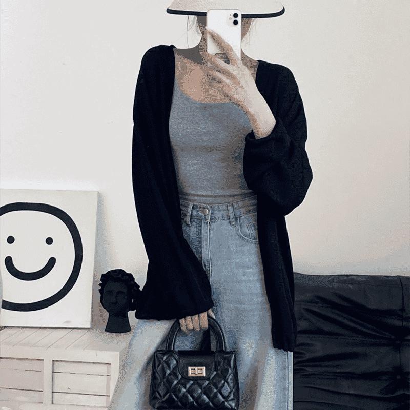 Korean Style Plus Size Loose Knit Cardigan - Spring/Summer, Long Sleeve, Airy & Elegant