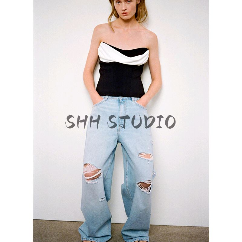 Spring New Women clothes All-Match Slimming Ripped Decoration Fashion High Waist Baggy jeans 8727011