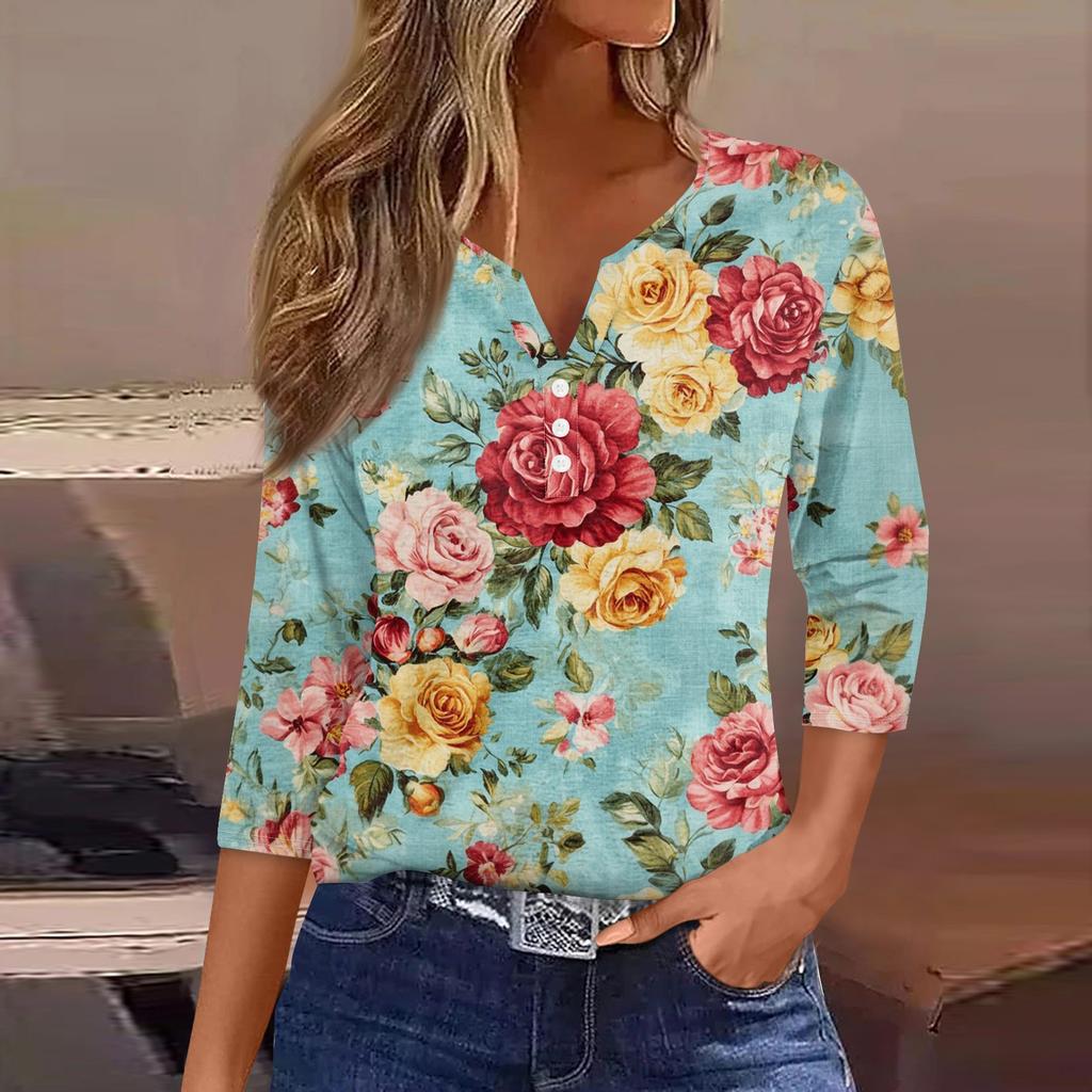 Damska koszulka z nadrukiem na guziki, rękaw 3/4, codzienna, weekendowa, modna, podstawowa, dekolt w serek, regularny top