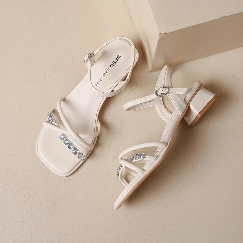 2025Summer Square Toe Women Sandals Eelgant Crystal Narrow Band  Low Heel Sandalias