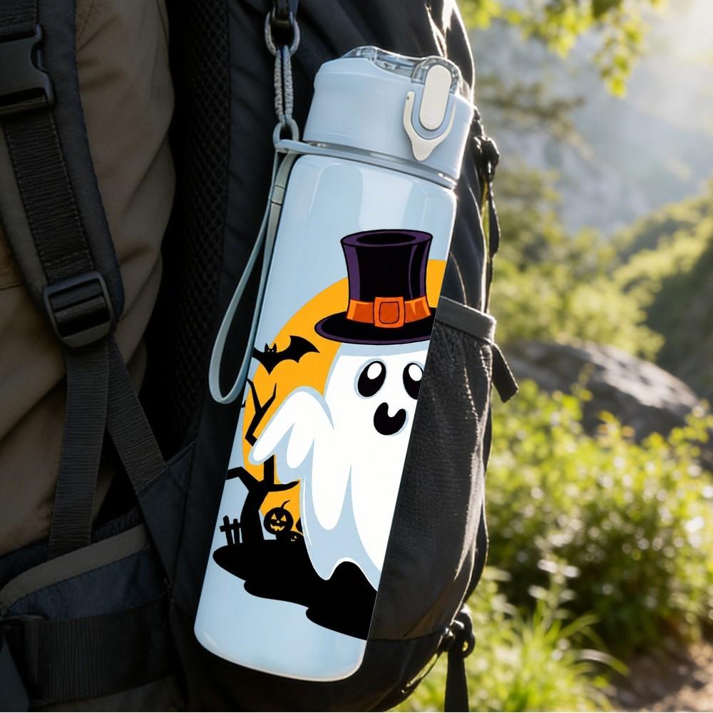 1PC Spooky Ghost Halloween Theme 750ml Color Plastic Sports Water Bottle Leakproof Flip Straw Lid Suitable for Sports Office Home Use