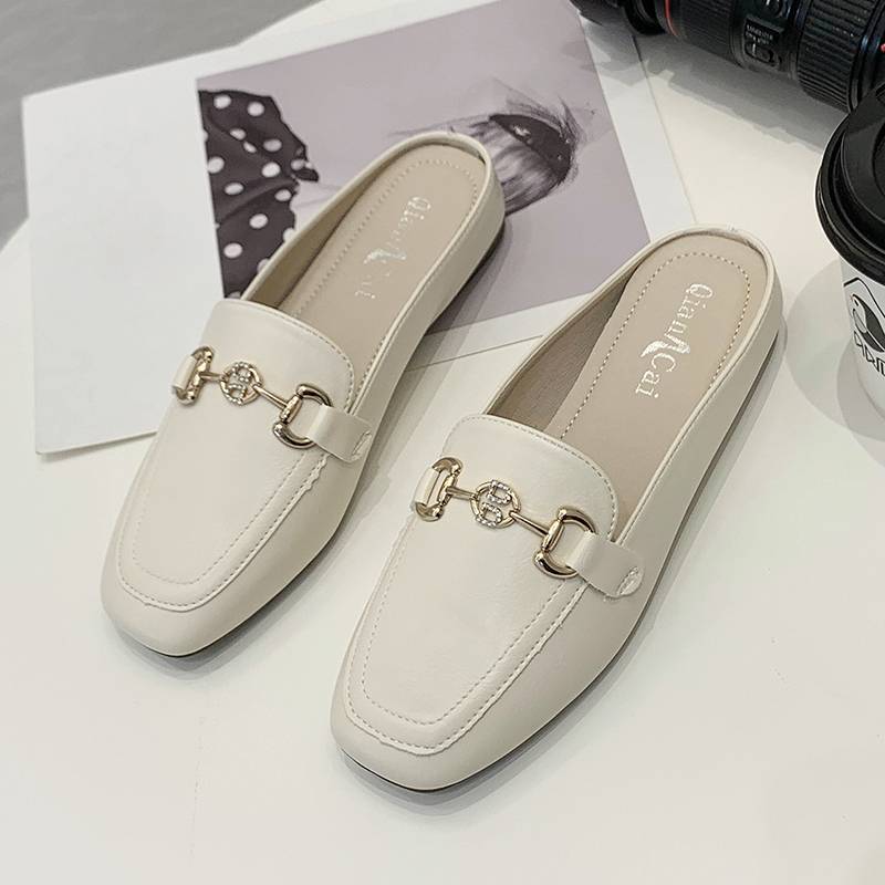 Internet celebrity bag head half slippers women's summer wear new lazy square head flat bottom half tray women's shoes