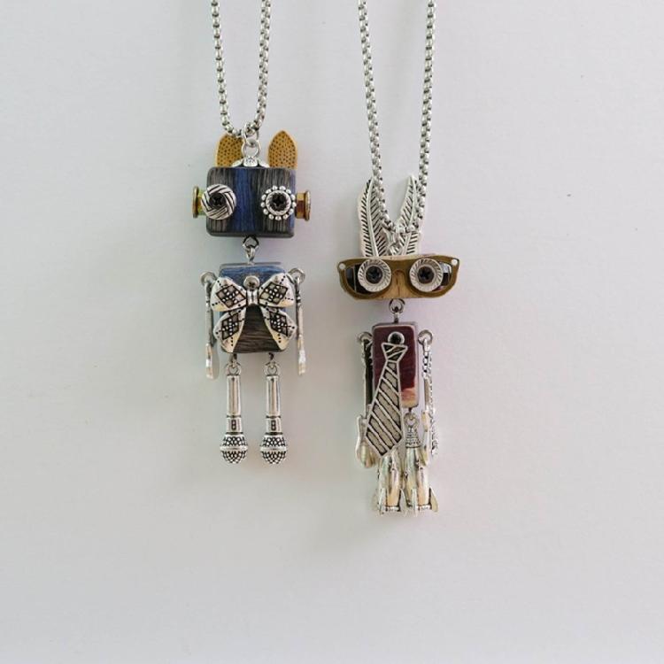 DIY Wooden Robot Pendant Necklace Unisex Clavicle Chain Punk Chokers for Women