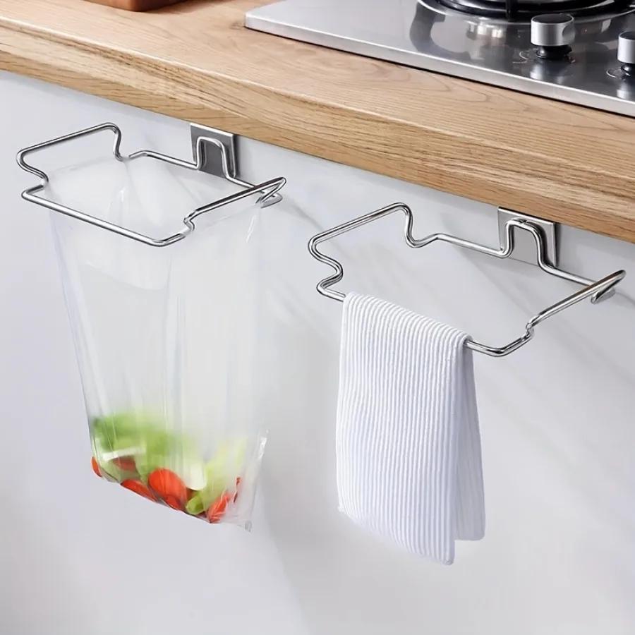 1PCS Stainless Steel Trash Rack, Closet Cabinet Door Trash Bag Holder, Kitchen Accessories,