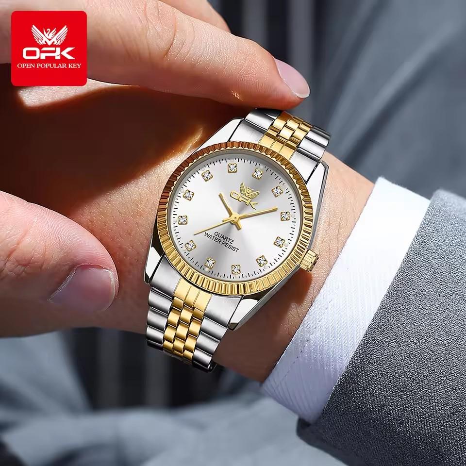 OPK 6027 Mens Quartz Golden Watch Rhinestone Stainless Steel  Waterproof Fashion Business Watches for Men Multiple Colors