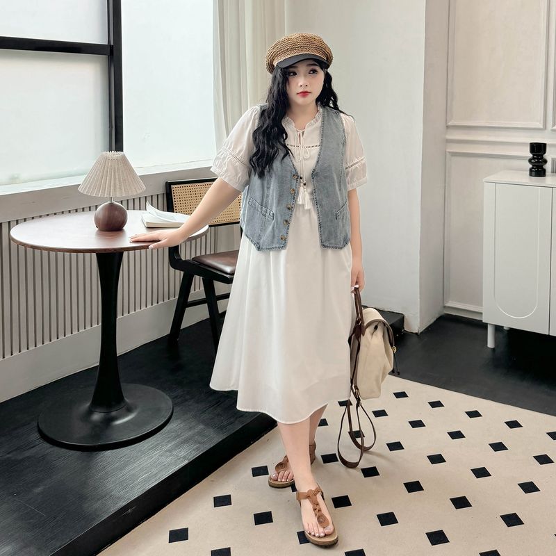 

Plus size women clothing [Atmosphere Feeling Stacked Denim Vest] Summer Chubby Girl Retro Casual Loose High-Grade Sense Vest Cheese White-Dress 8xl