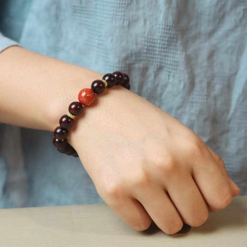 Red Gold Small-Leaf Rosewood & Mother-of-Pearl Zodiac Bracelet for Men and Women