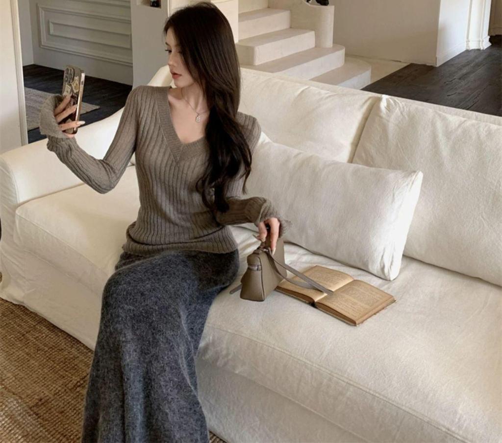 Pure Desire Vibe Sexy V-Ausschnitt Damen Strickoberteil mit ausgestellten Ärmeln - Herbst Winter Y2K Stil Pullover