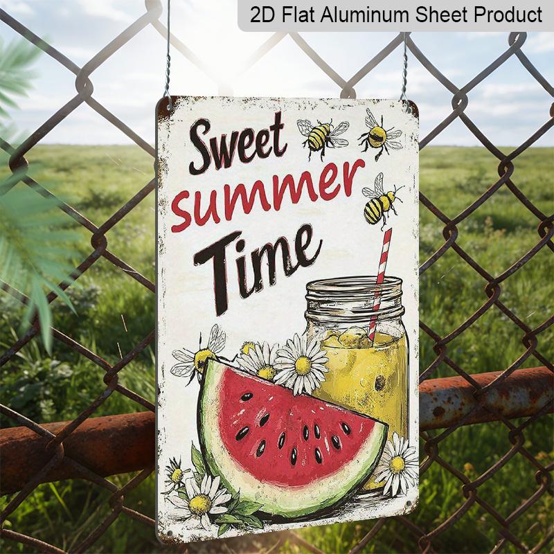 2D Flat 1pc Vintage Summer Watermelon & Lemonade Metal Sign - Sweet Summer Time Wall Decor - Retro Kitchen, Cafe, Party Decoration - Durable Aluminum
