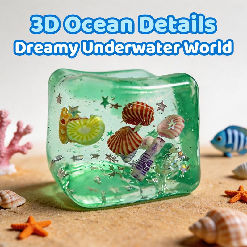 Transparent Glitter Ocean Shell Squishy Cube Stress Relief Fidget Toy Super Soft Slow Rising Squeeze Toy for Adults Desk Novelty