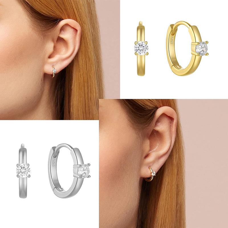 S925 Sterling Silver 18K Gold Plated Single Stone Huggie Hoop Earrings 4-Prong Set Cubic Zirconia Minimalist Earrings for Women