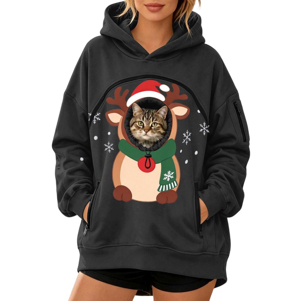 Damenmode Weihnachtsdruck Haustier-Taschen-Sweatshirt, Lockerer Drop-Shoulder-Pullover-Hoodie