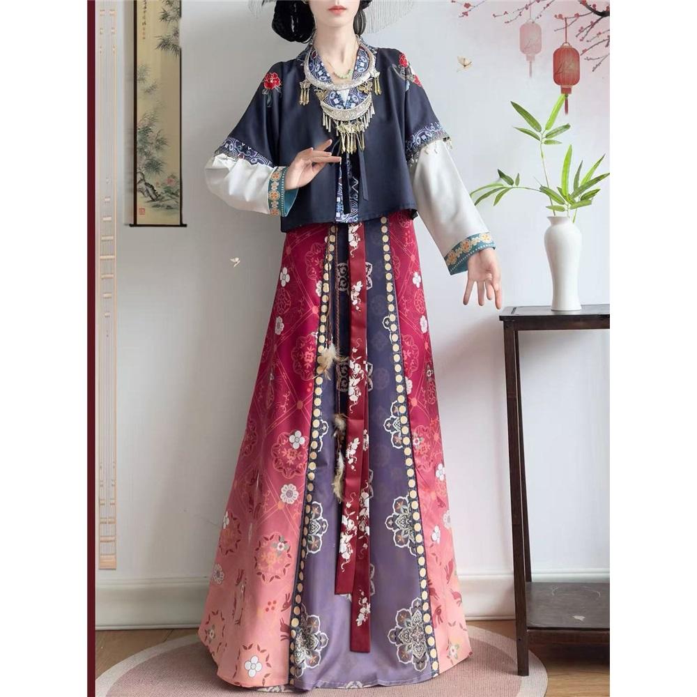 Chinese Tang Dynasty Beizi Hanfu Set, Printed Cardigan Ethnic Style One-Piece Waist Skirt Daily Wear