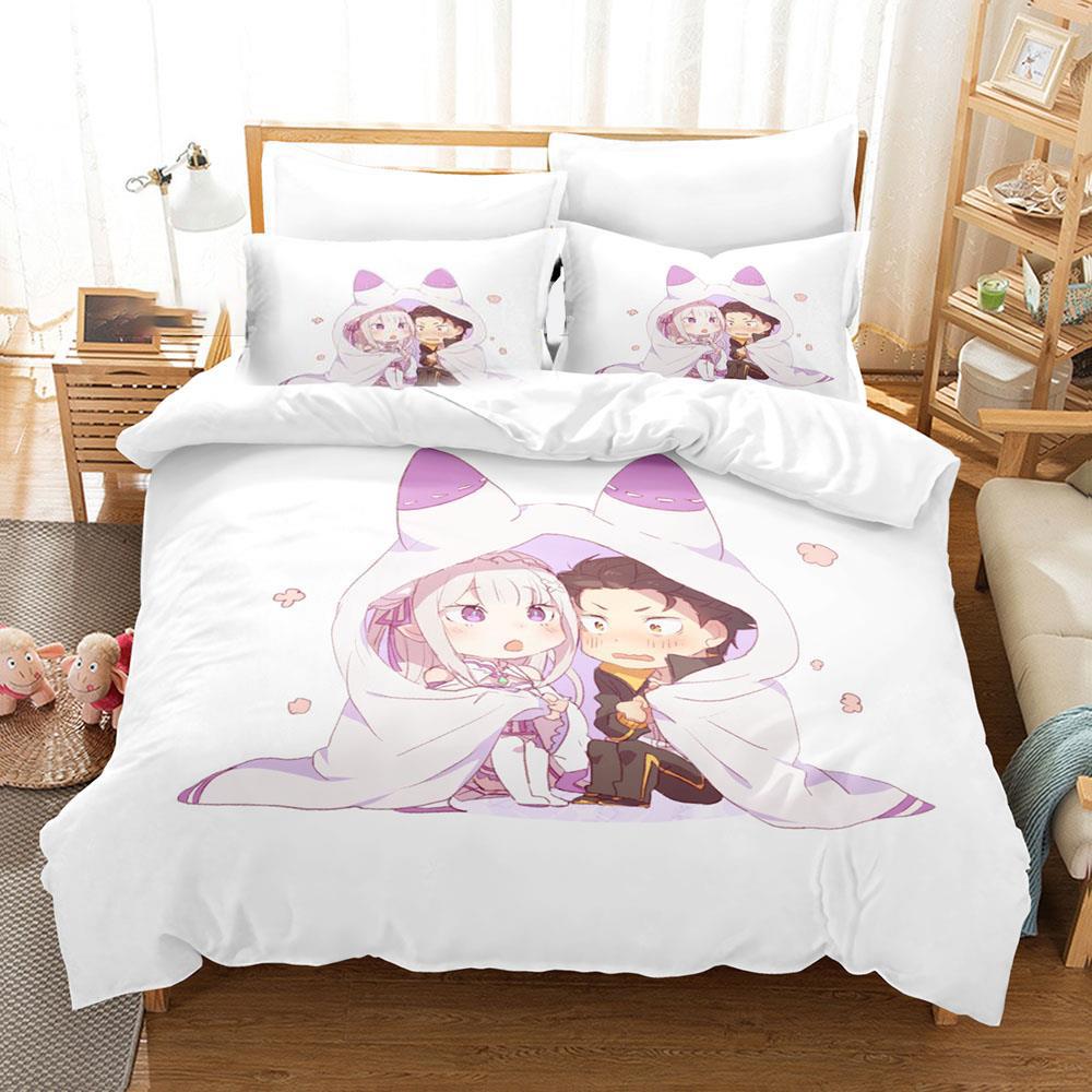 3D Gedrucktes Anime Re Zero Rem Ram Emilia Bettwäscheset Jungen Mädchen Einzelbett Queen-Size Bettbezug Kissenbezug Bett Kinder Erwachsene