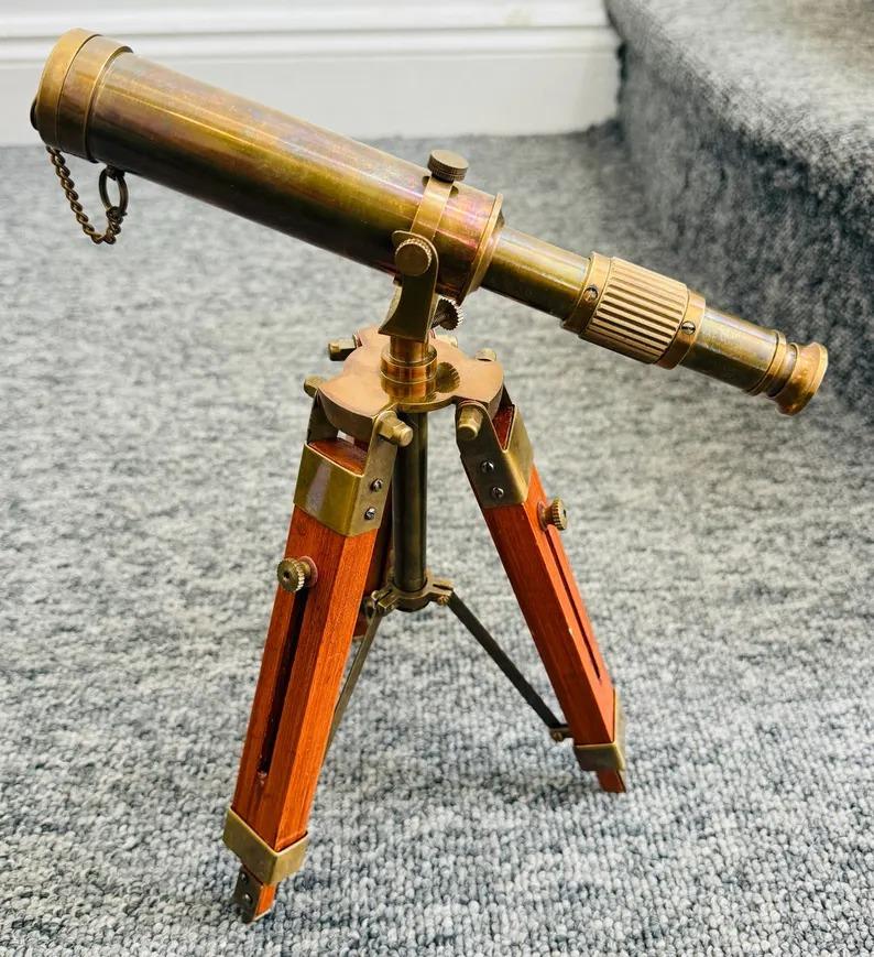 Nautical Vintage Decorative Solid Brass Telescope Antique Style with Wooden Stand