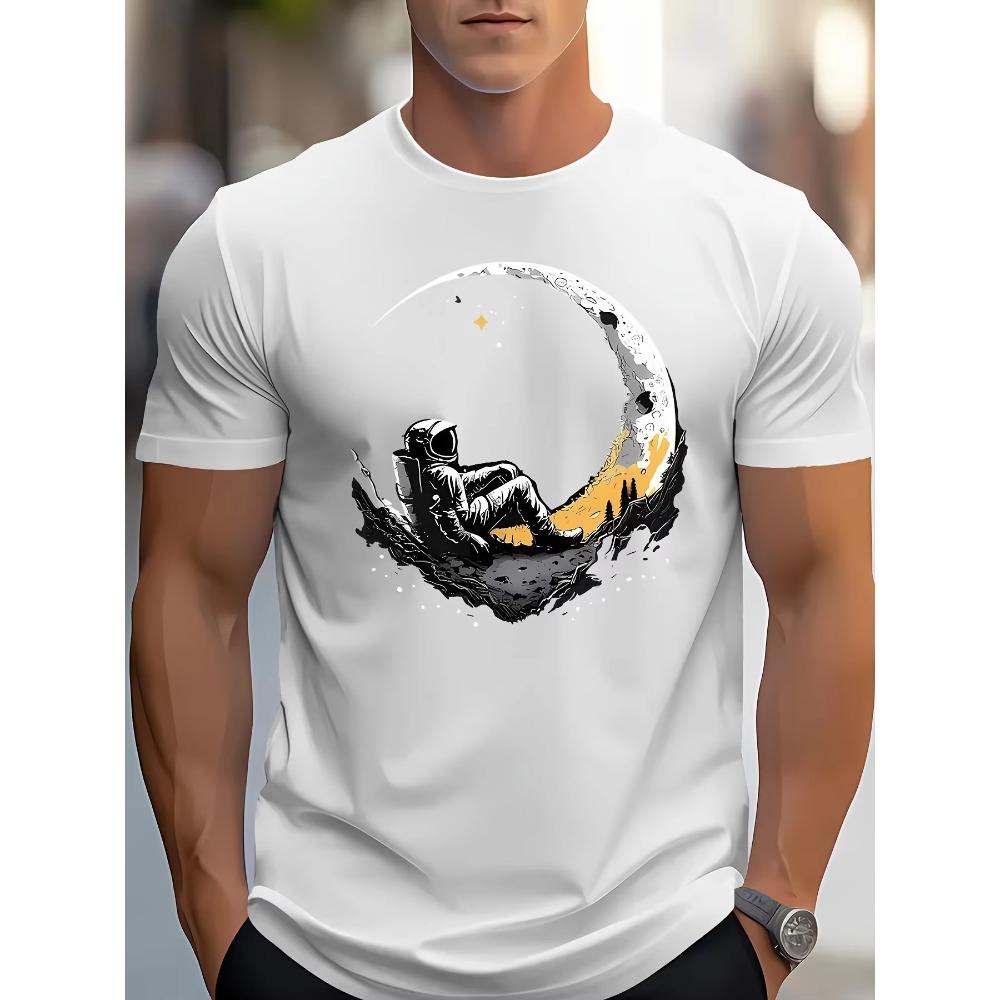 Men's summer 100 cotton fashionable casual loose plus size landing moon pattern printed sports round neck short sleeved T-shirt