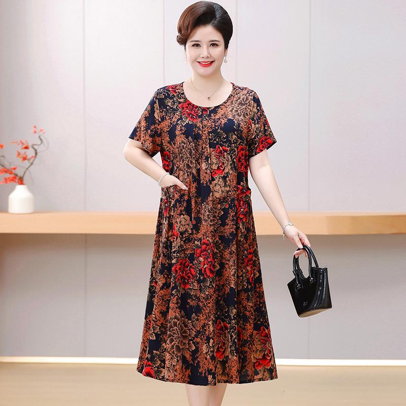 Women's Floral Cotton & Rayon Summer Dress - Plus Size, Belly-Covering, Loose Fit for Middle-Aged & Elderly