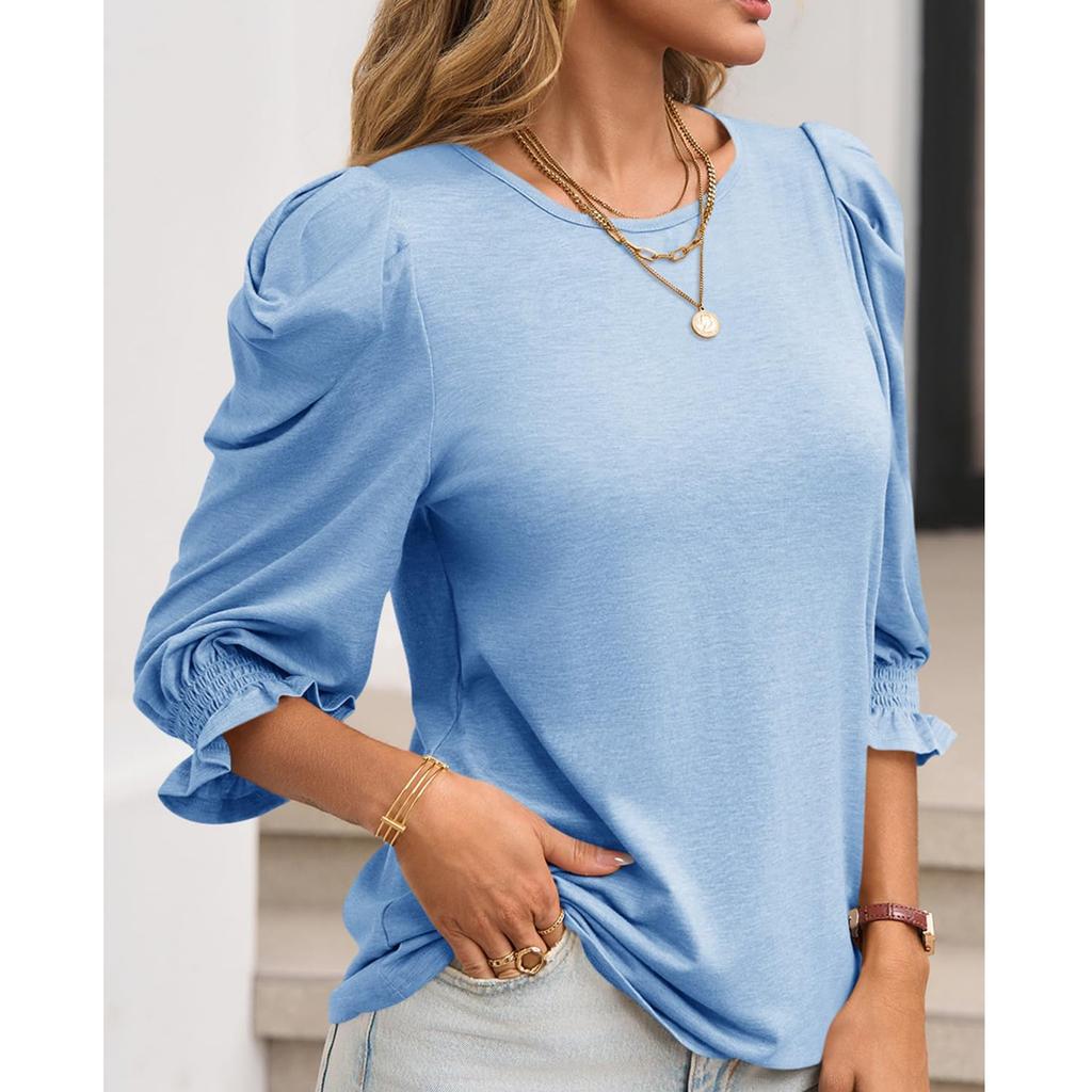 Damski swobodny i modny top z rękawem siedem ósmych i okrągłym dekoltem