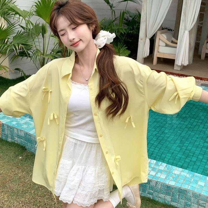 3D Bow Decoration Women's Shirt Solid Color Turn Down Collar Long Sleeved Blouse Korean Style Summer New Version Loose Casual Lady Top