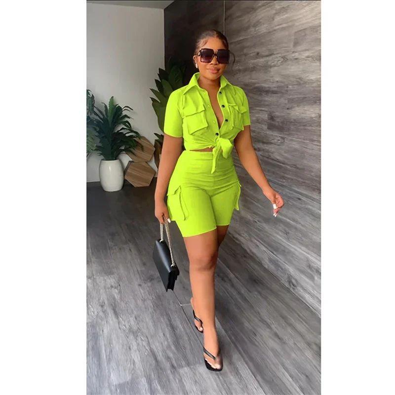 

Однотонный комплект из двух предметов с короткими рукавами шорты с короткими рукавами комплект из двух предметов Fluorescent Green XL