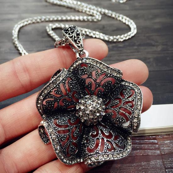 Retro Rhinestone Hollow Flower Pendant Women Necklace Sweater Chain Jewelry Gift