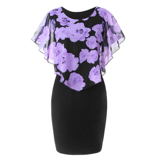 Women Bodycon Dress Floral Print Shawl Comfortable Knee Length Temperament Middle Dress for Going Out