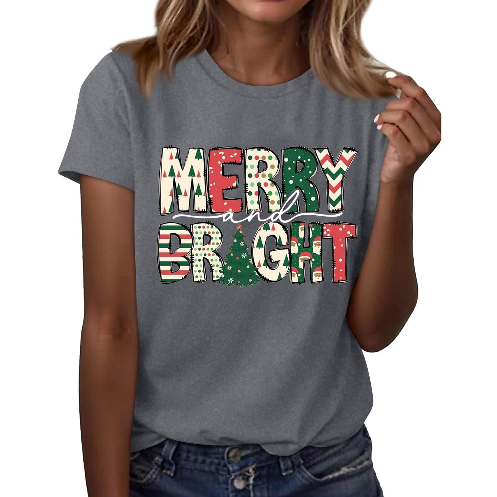 

Женская мода повседневный рождественский принт короткий рукав свободный круглый вырез пуловер топ XXL