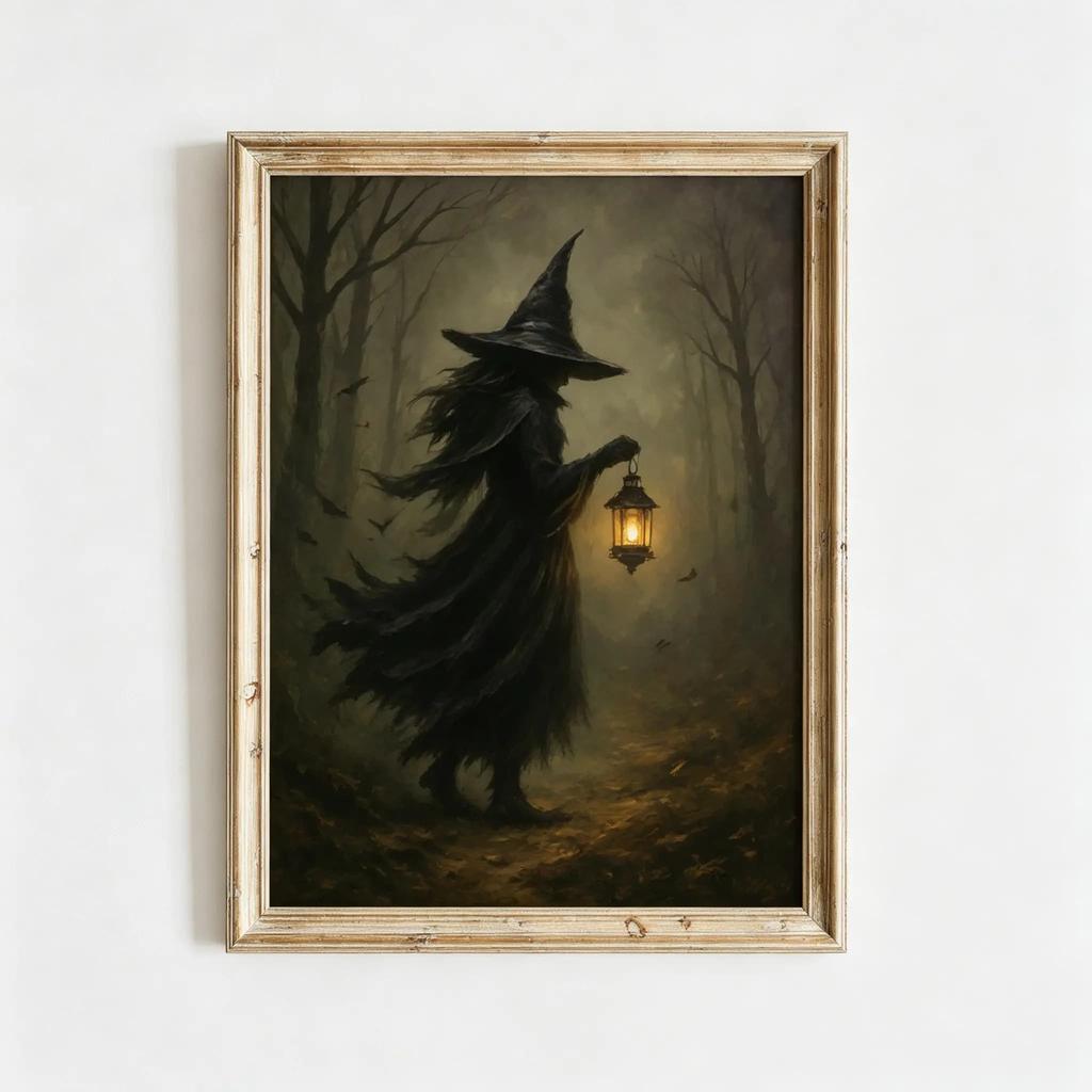 Printable Vintage Halloween Wall Art Witch & Ghost Art Spooky Black Cat Print Gothic Moody Halloween Room Decor Gift Poster