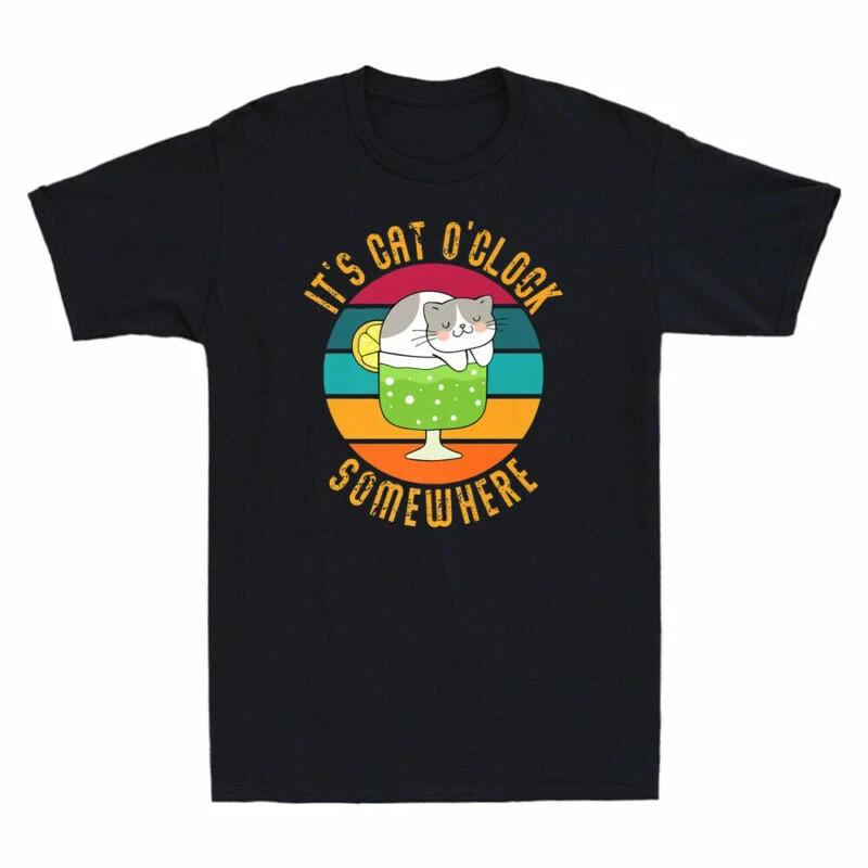 It s Cat O Clock Somewhere Funny Cat Cocktail Kitten Lover Vintage Men s T-Shirt XL