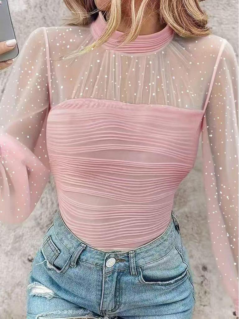 2026 Spring/Autumn Pearl Mesh Splicing Long Sleeve Top