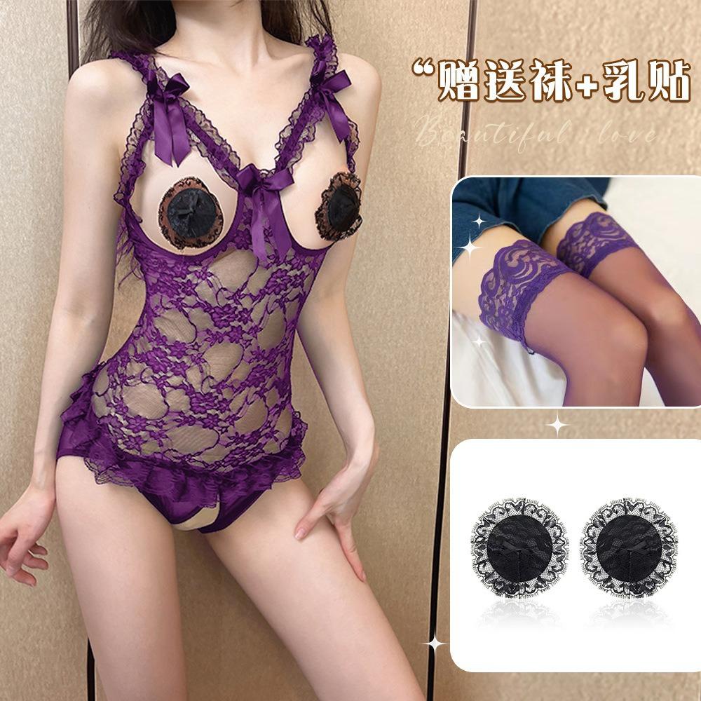 Large size erotic underwear hollowed out bare chest hot couple flirting free open file erotic uniform lace