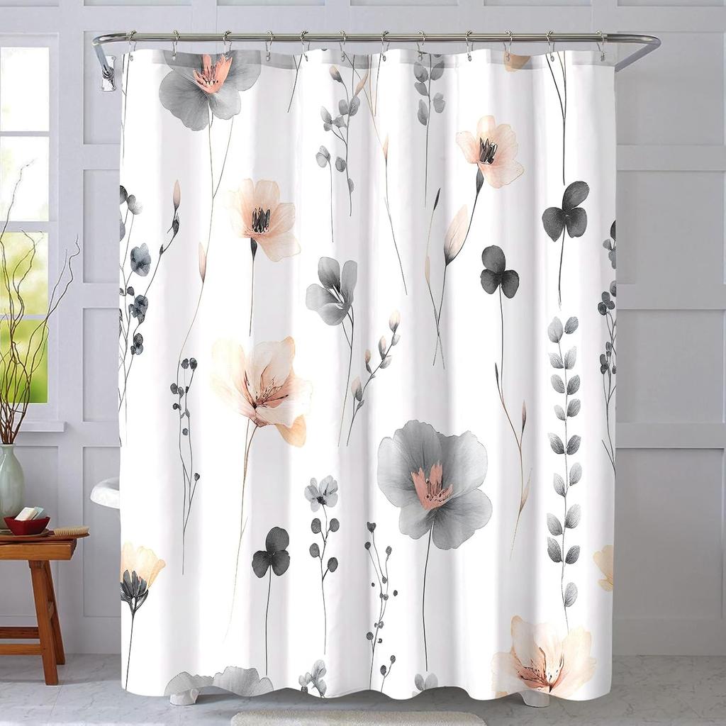 Gray Beige Floral Shower Curtain, Watercolor Floral Bathroom Shower Curtain, Modern Simple Waterproof Fabric Bathroom Decor