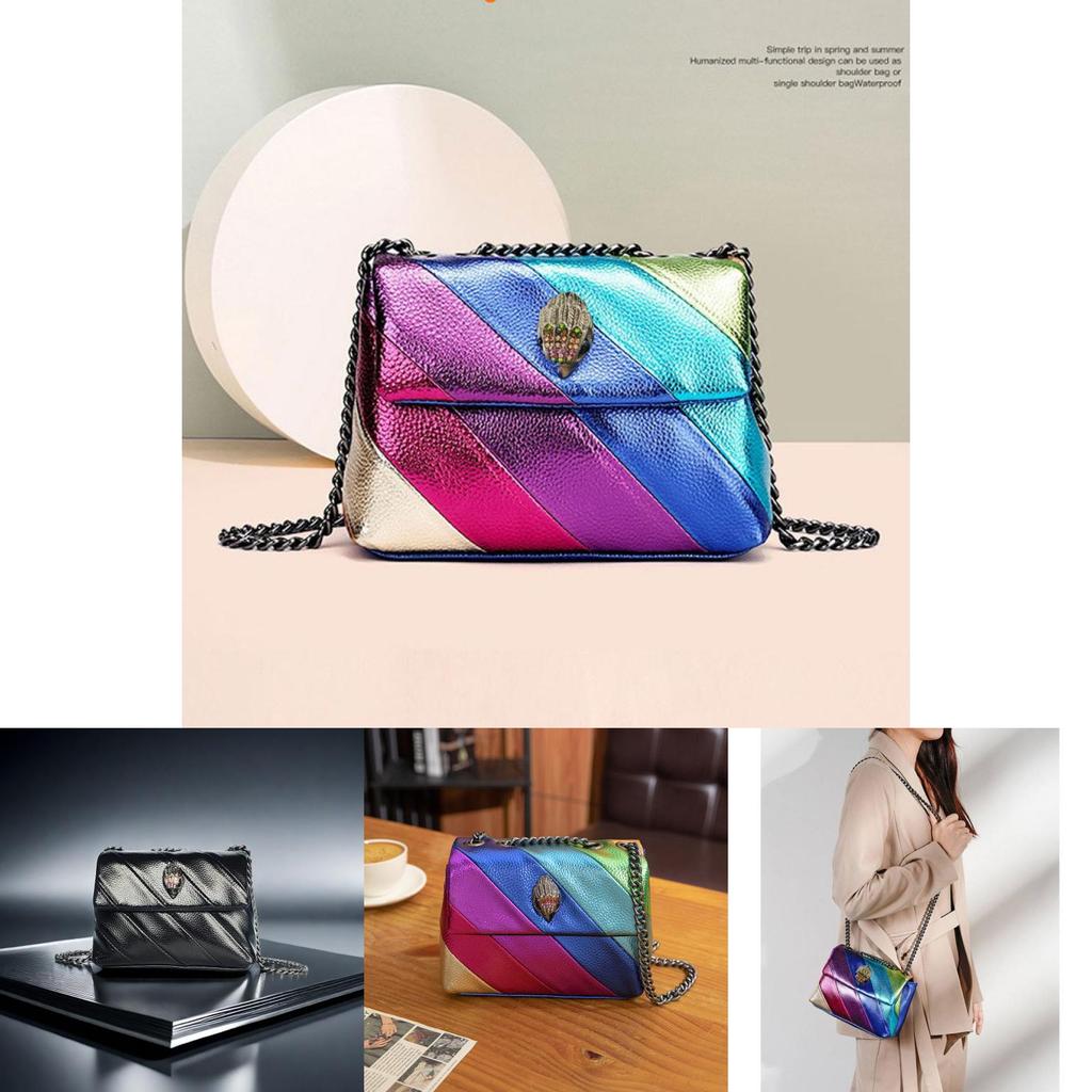 Elegante Bolso de Hombro Patchwork Arcoíris Colorido con Correa de Cadena para Mujer