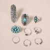 Retro Cactus Turquoise Ring Set 9pcs Faion Jewelry Accories Alloy Embedded Artificial Gemstone New Condition