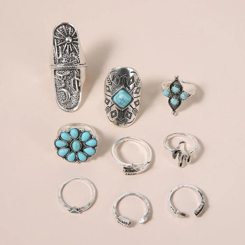 Retro Cactus Turquoise Ring Set 9pcs Faion Jewelry Accories Alloy Embedded Artificial Gemstone New Condition