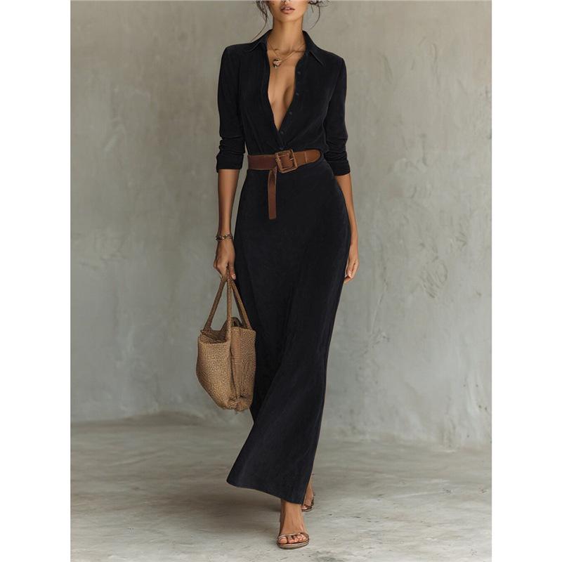 2025 Autumn/Winter Suede Plush Waist-Cinching Long Shirt Dress with Belt