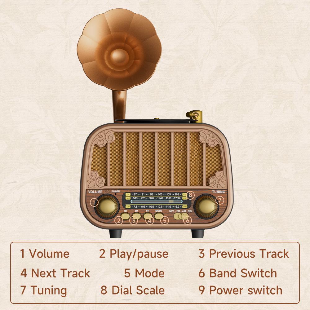 Retro Multi-Band Gramophone-Style Bluetooth Speaker with FM/AM/SW Radio.
