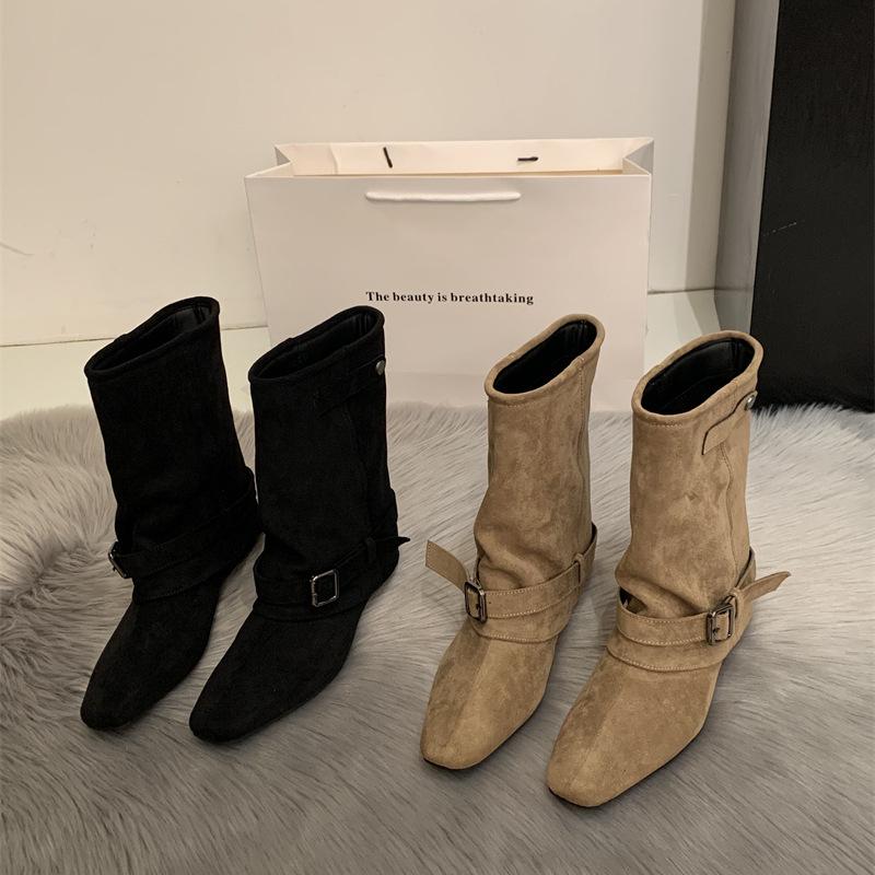 Vintage Suede Khaki Boots Women's Boots French Boots Fall Niche Design Western Stack Boots Knight Boots