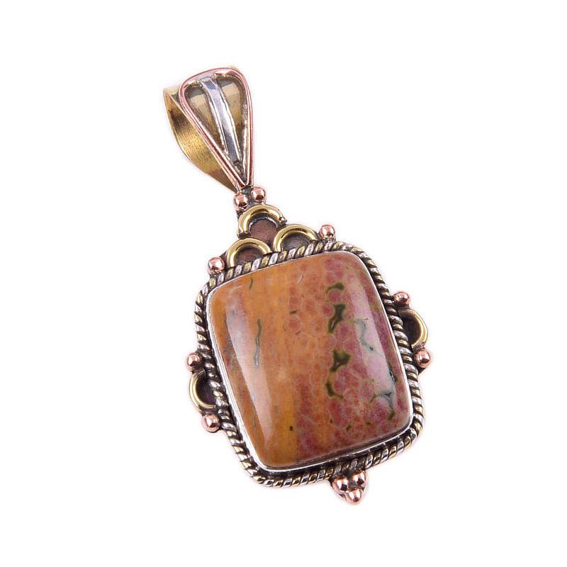 Natural Ocean Jasper 925 Solid Sterling Silver TwoTone Gift Pendant 1.50" w6L97