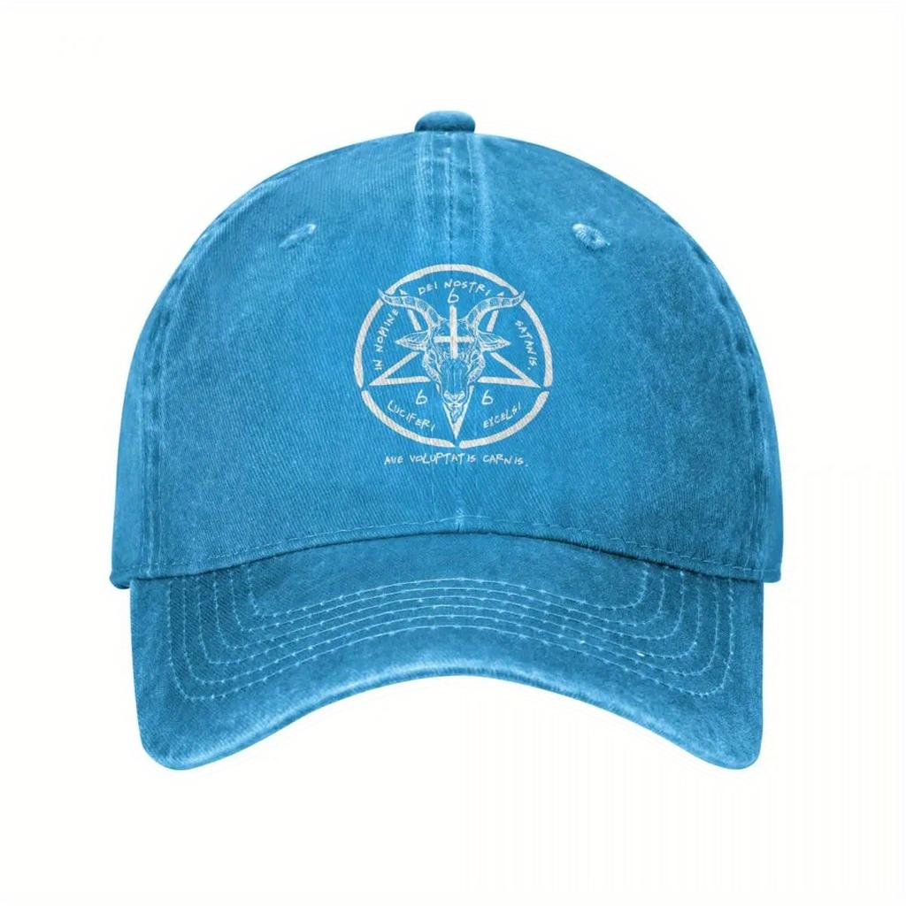 Baphomet Sigil Occult Baseball Cap Distressed Denim Adjustable Casual Hat Unisex Streetwear Headwear