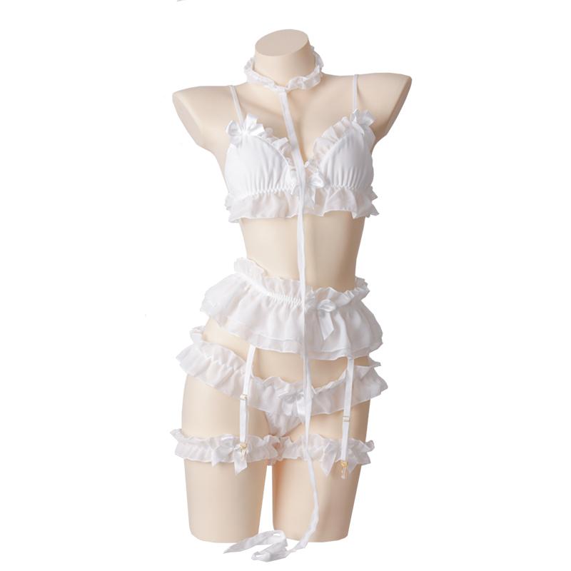 Women Sexy Lingerie Set Cute Ruffles Lace Kawaii Babydoll Soft Girl Black Pajamas Japanese Lolita Cosplay Costumes