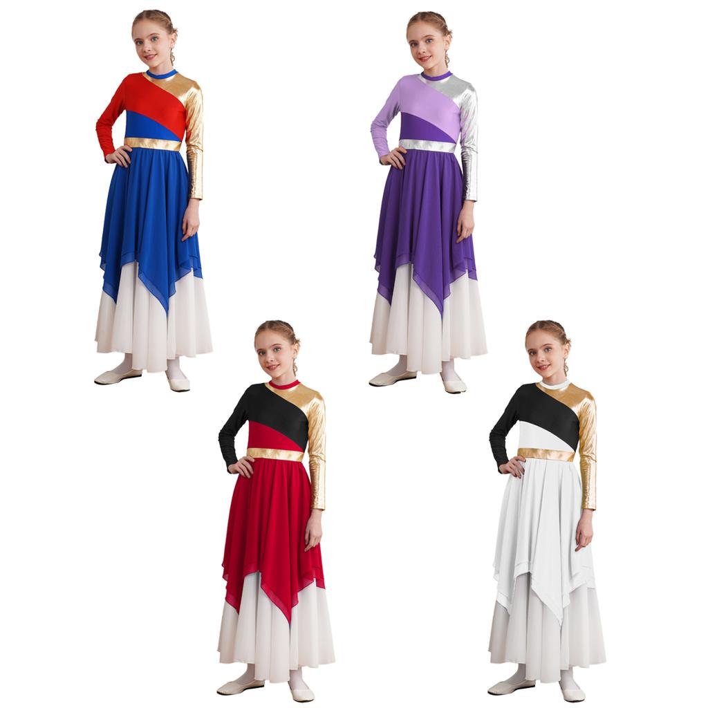 Kids Girls Praise Lyrical Dance Dress Long Sleeve Asymmetrical Chiffon Hem Contrast Dress Dancing Costumes