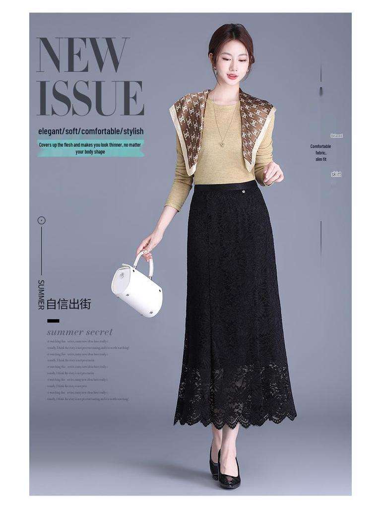 Black Lace Floral Mermaid Midi Skirt - 2026 Spring High-Waist, Slimming, Hip-Hugging Design