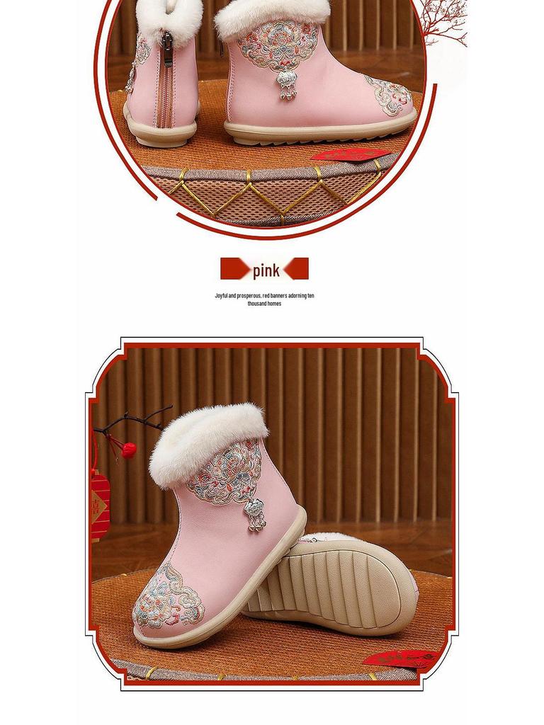 2025 Winter Chinese Hanfu Leather Snow Boots for Girls - Handmade Embroidered Cotton Children's Shoes for New Year's Day