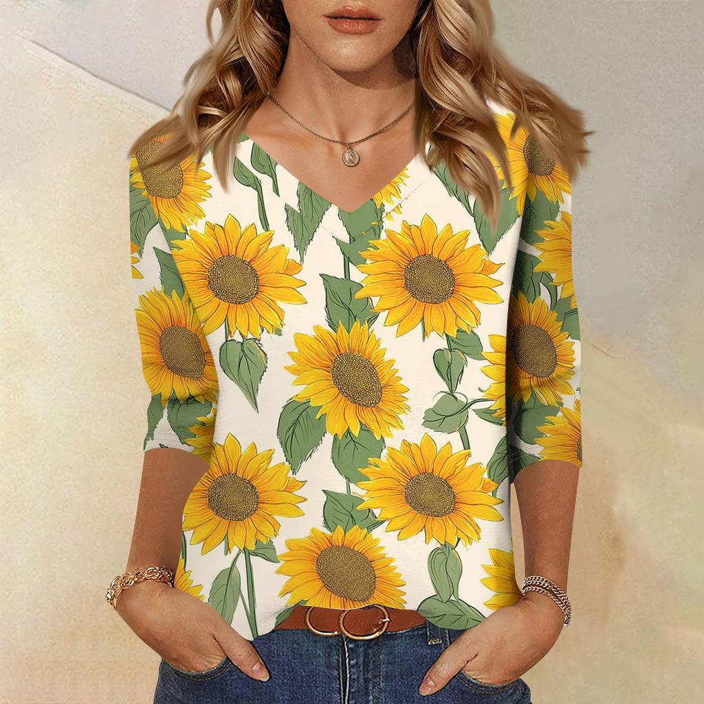 Women's Fashionable Casual V-Neck Three-Quarter Sleeve Printed T-Shirt Top