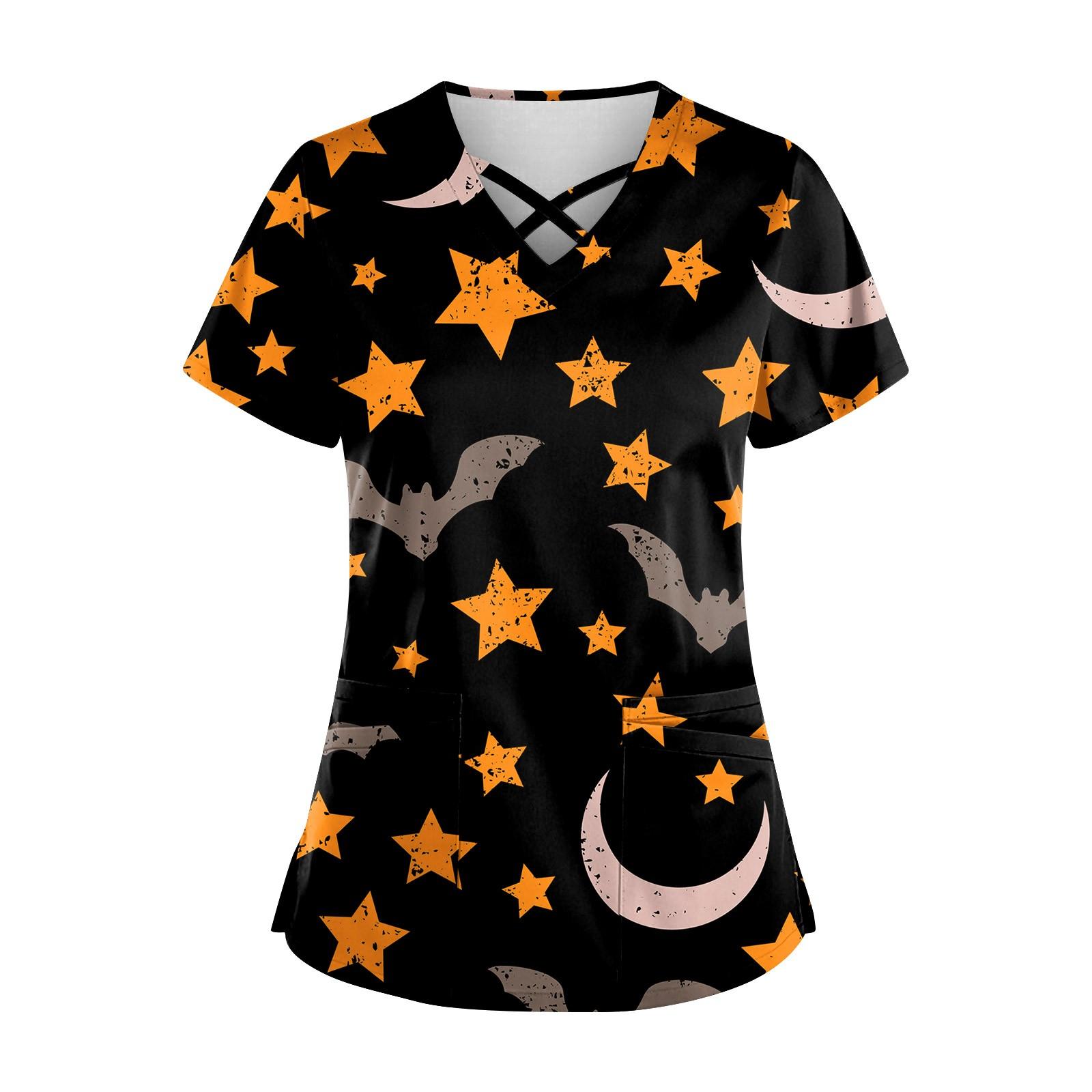 

Плюс размерСкраб с принтом Рабочая форма Топы для женщин Крест V-образным вырезом Хэллоуин Принт с короткими рукавами Забавные футболки Спецодежда Футболка с карманами XXXXL кофейный