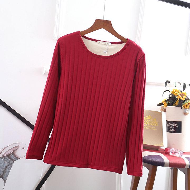 Thick Plus-Size Velvet-Lined Long-Sleeve Ribbed Cotton T-Shirt - Korean Style